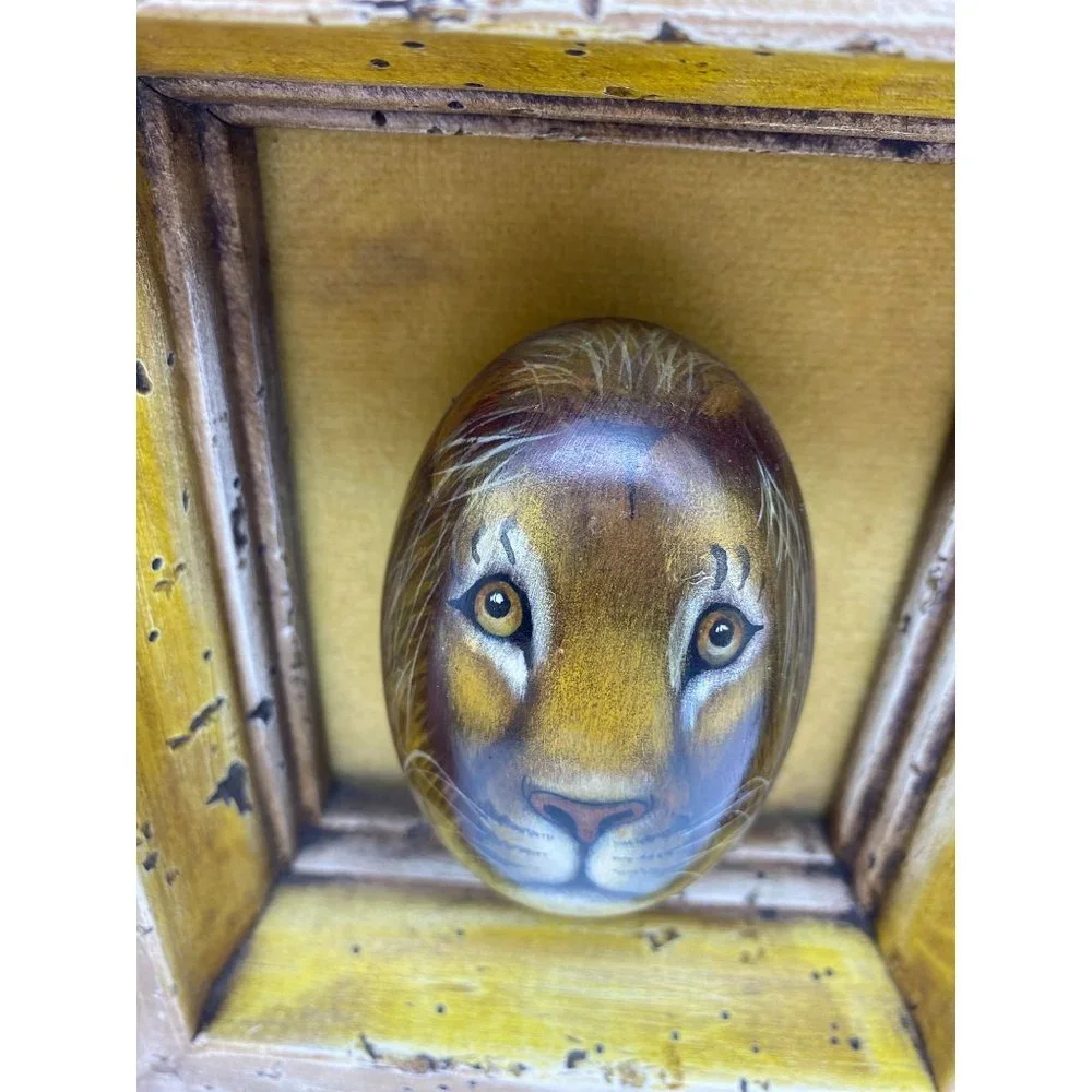 African hand painted lions face on‎ stone egg framed signed Searcy rustic
